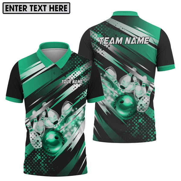 MaxCorners Bowling And Pins Emerald Customized Name, Team Name 3D Darts Polo Shirt For Men