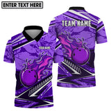 MaxCorners Bowling And Pins Purple Fire Customized Name, Team Name 3D Polo Shirt For Men