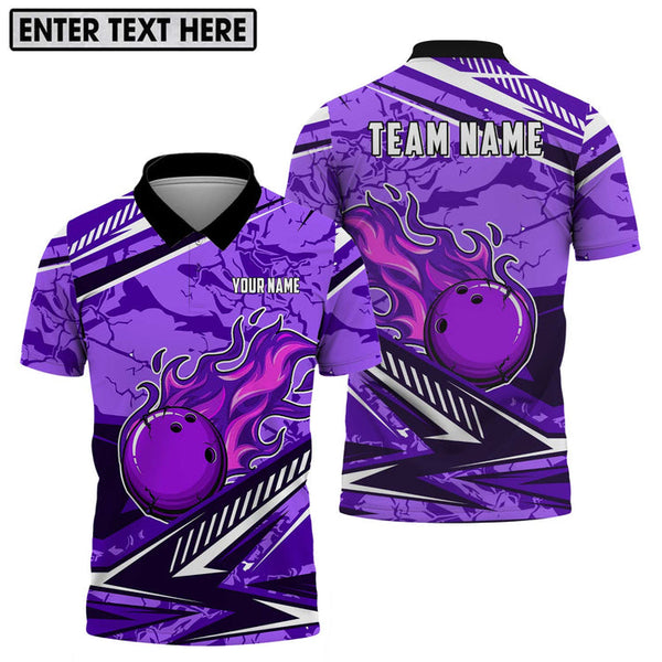 MaxCorners Bowling And Pins Purple Fire Customized Name, Team Name 3D Polo Shirt For Men