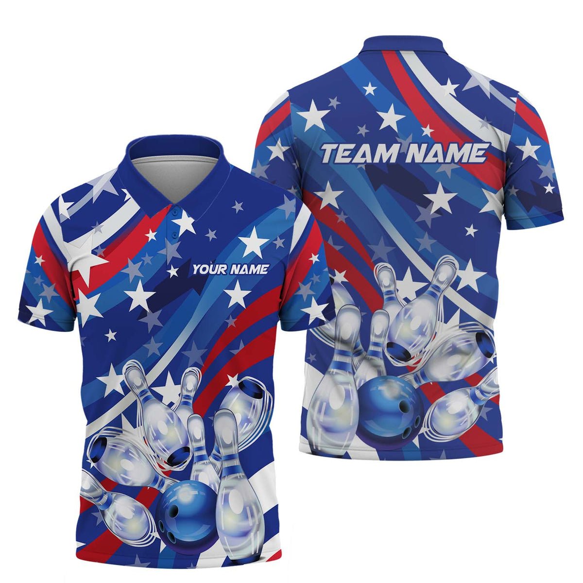 MaxCorners Bowling And Pins White Star Customized Name, Team Name 3D Polo Shirt For Men