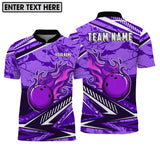 MaxCorners Bowling And Pins Purple Fire Customized Name, Team Name 3D Zipper Polo Shirt For Men