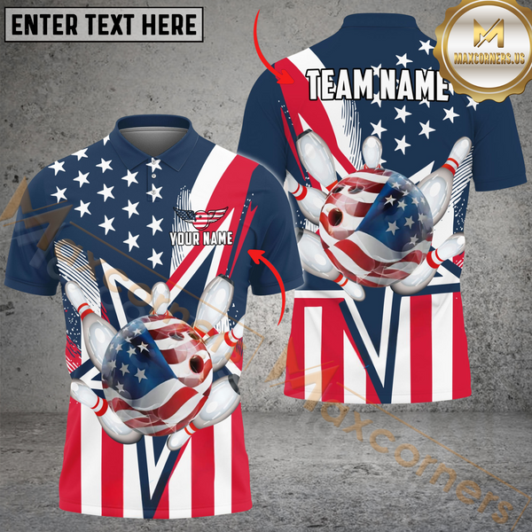 Maxcorners Bowling American Flag Star Personalized Name, Team Name 3D Shirt