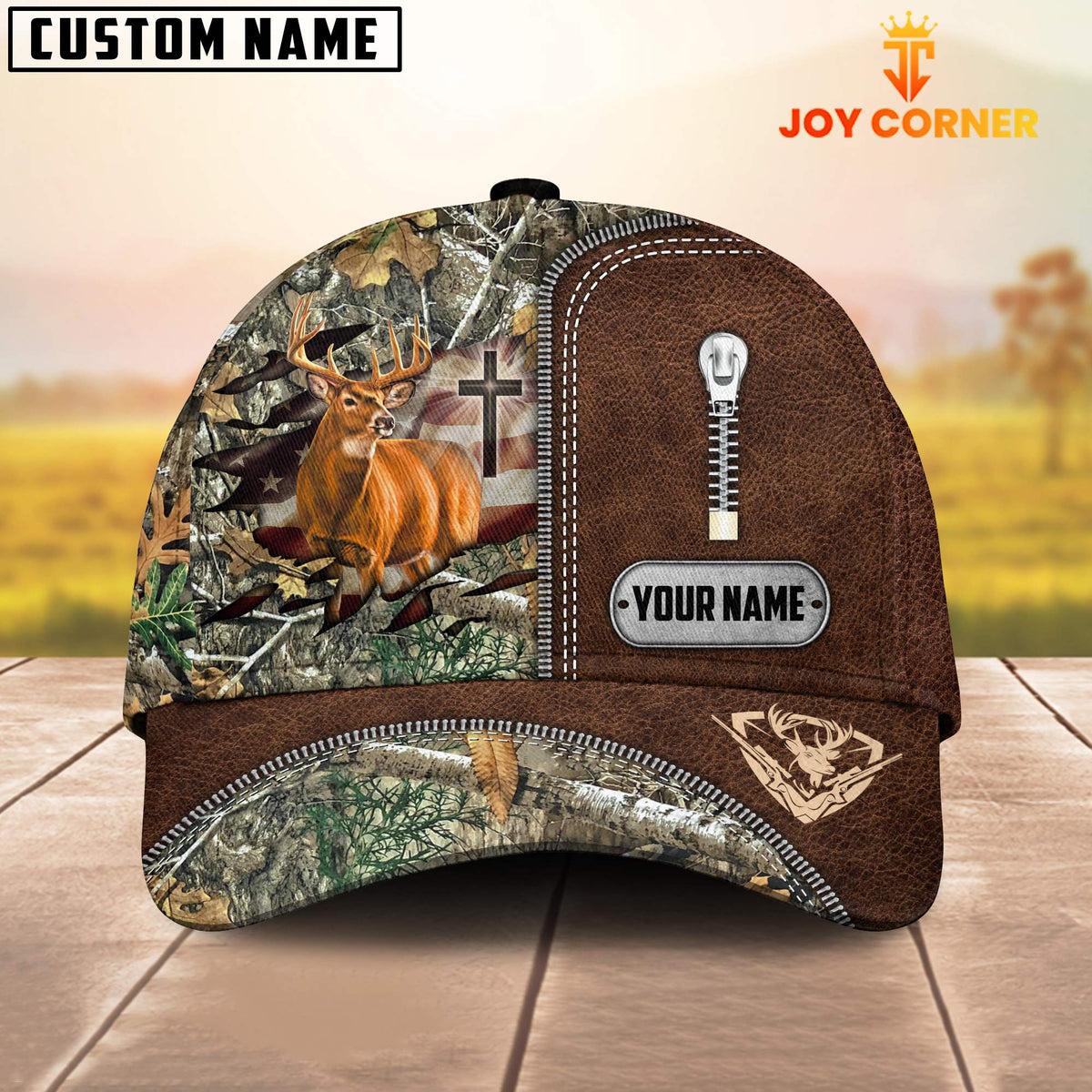 Maxcorners Cross America Hunting Deer Zipper Leather Pattern Personalized Hats 3D Multicolored