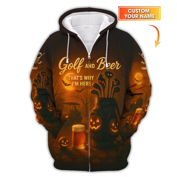 Maxcorners Halloween Golf Shirt, Golf and Beer That's Why I'm Here Shirt Withc Custom Name, Men Golf Gift, Crazy Golf Shirt For Golfer