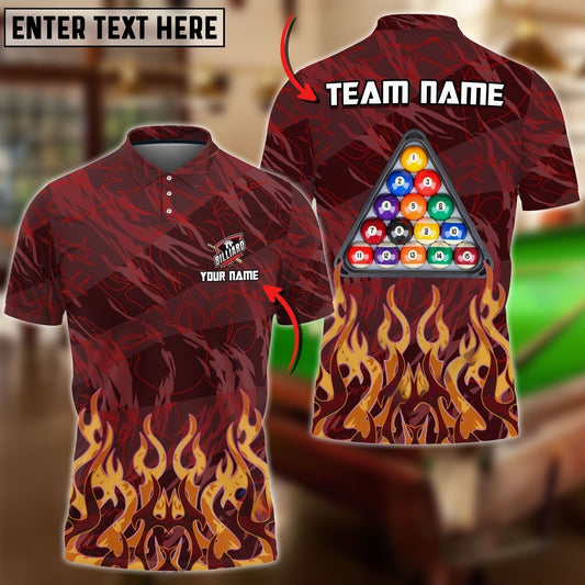 Maxcorners Billiard Ball Flame Pattern Multicolor Team Jersey Personalized Name, Team Name 3D Polo Shirt (4 Colors)