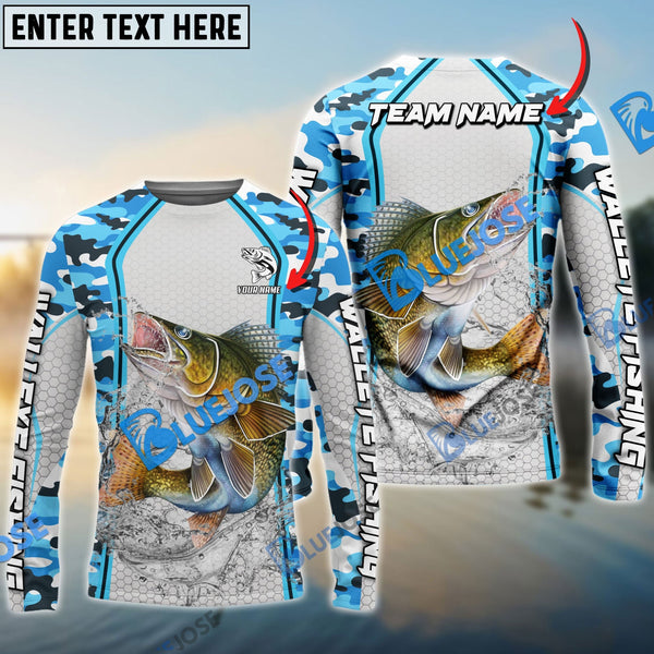 Maxcorners Walleye Fishing Light Blue Camo Sport Personalized Name 3D Long Sleeve Shirt