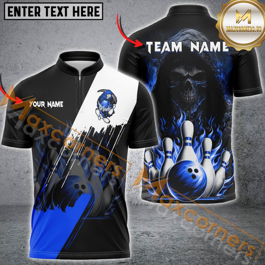 Maxcorners Bowling & Pins Flame Skull Multicolor Option Customized Name, Team Name 3D Polo Shirt (4 Colors)