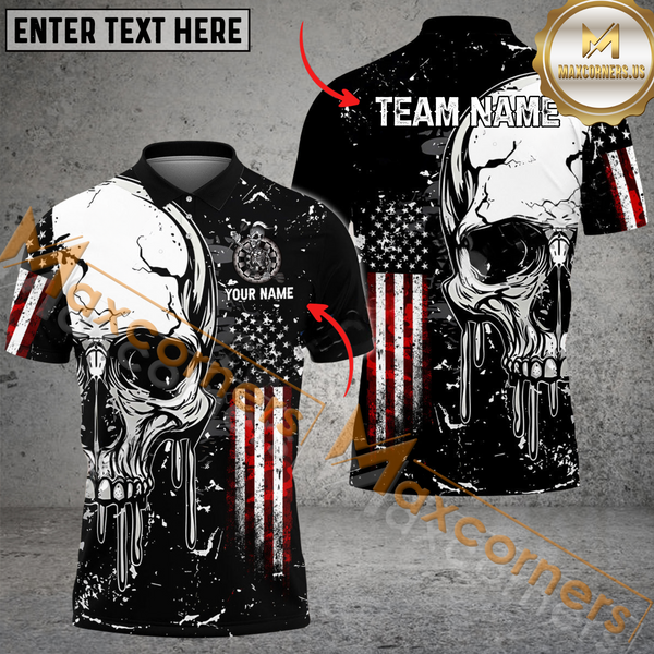 MaxCorners Darts Skull American Flag Customized Name, Team Name 3D Polo Shirt