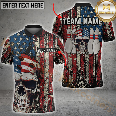 Maxcorners Bowling Skull American Flag Patriotic Customized Name, Team Name 3D Shirts