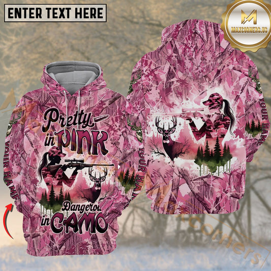 Maxcorners Hunting Pretty In Pink Deer Woodland Camo Personalized 3D Shirts