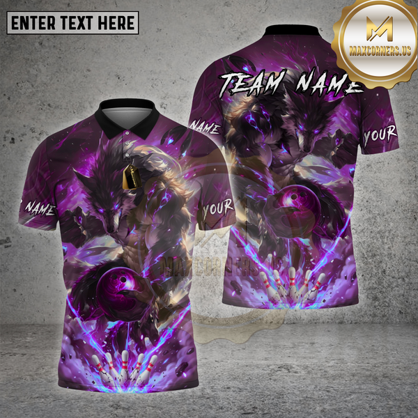 Maxcorners Wolf Bowling Shirt Fiery Werewolf Flame Multioptions Personalized Name, Team Name Unisex 3D Shirt (4 Colors)