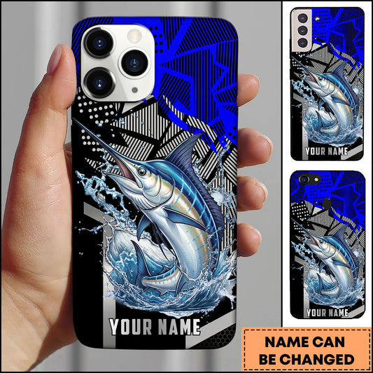 Maxcorners Marlin Fishing Dynamic Blue Geometric Splash Art Personalized Name Phone Case