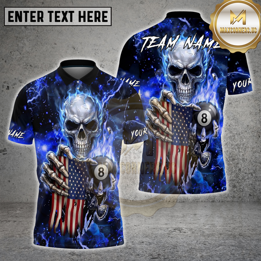 Maxcorners Billiard Shirt Skull American Flag 8 Ball Dark Lightning Multicolor Options Personalized Name, Team Name 3D Shirt (4 Colors)