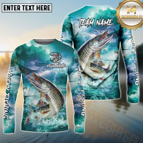 Maxcorners Musky Fishing Storm Ocean Style Pattern Sport Jersey Personalized Name, Team Name Long Sleeve Shirt