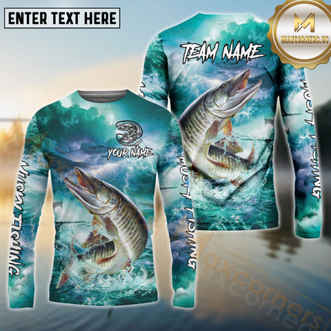 Maxcorners Musky Fishing Storm Ocean Style Pattern Sport Jersey Personalized Name, Team Name Long Sleeve Shirt