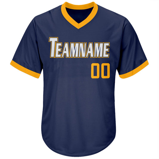 Maxcorners Custom Navy Gold-White Authentic Throwback Rib-Knit Baseball Jersey Shirt LM2605