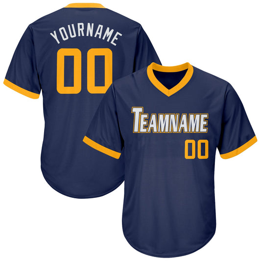 Maxcorners Custom Navy Gold-White Authentic Throwback Rib-Knit Baseball Jersey Shirt LM2605