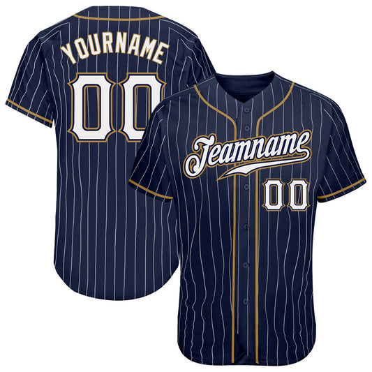 Maxcorners Custom Navy White Pinstripe White-Old Gold Authentic Baseball Jersey LM2605