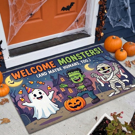 Maxcorners Halloween Welcome Monsters And Maybe Humans Too Cute Ghost Frankenstein Mummy Party 3D Doormat