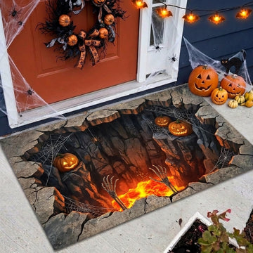 Maxcorners Halloween 3D Cracked Ground Lava Pit Skeleton Hands Pumpkins Spiderweb 3D Doormat