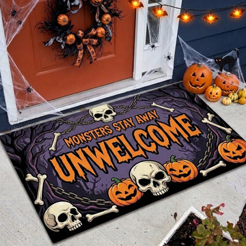 Maxcorners Halloween Monsters Stay Away Unwelcome Skull Pumpkin Bones Chain 3D Doormat