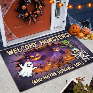 Maxcorners Halloween Welcome Monsters And Maybe Humans Too Ghost Frankenstein Mummy 3D Doormat