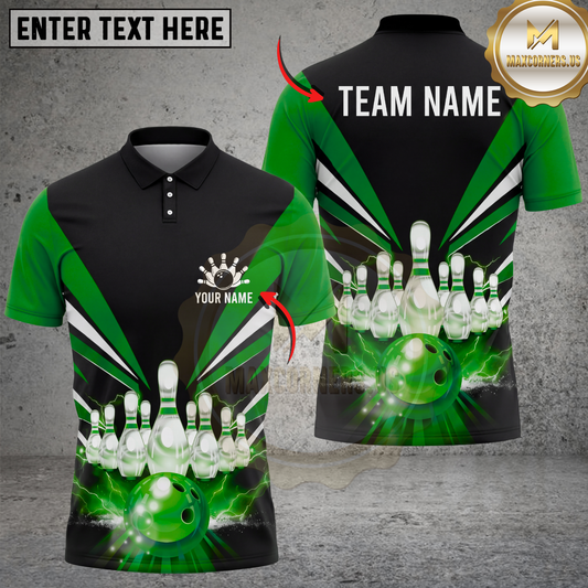 Maxcorners Bowling Shirt Black Strike Pins Lightning Motion Graphic Multicolor Options Personalized Name, Team Name 3D Shirt (4 Colors)