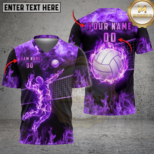 Maxcorners Volleyball Flame Energy Player Action Multicolor Options Personalized 3D V-neck T-Shirt