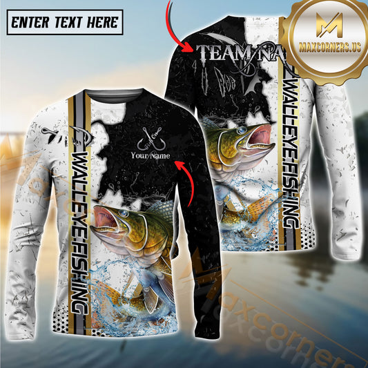 Maxcorners Walleye Fishing Split Grunge Splash Design Personalized Name, Team Name Long Sleeve Shirt