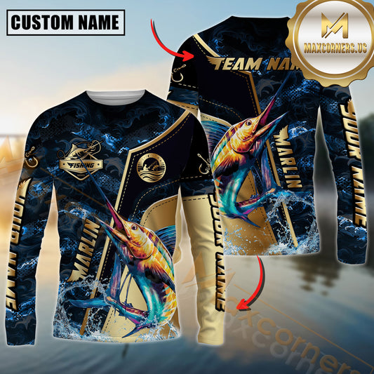 Maxcorners Marlin Fishing Ocean Wave Gold Luxury Pattern Personalized Name, Team Name Long Sleeve Shirt