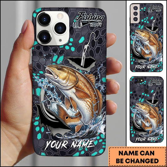 Maxcorners Redfish Fishing Hexagon Tech Pattern Hook Icon Water Splash Personalized Name Phone Case