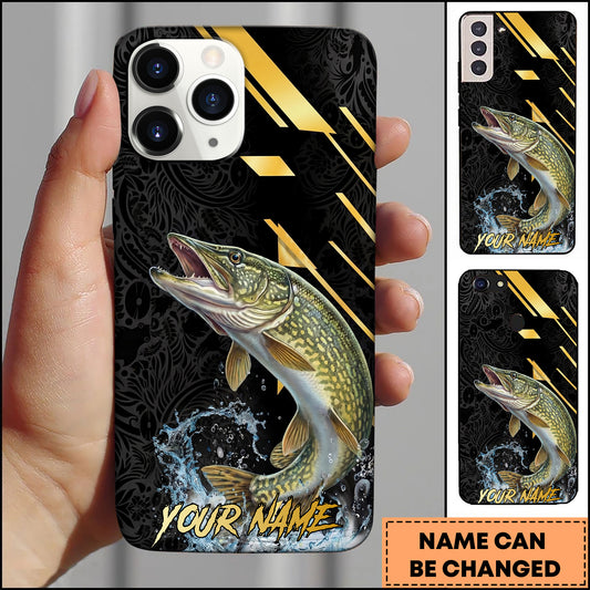 Maxcorners Pike Fishing Luxury Black Gold Lightning Splash Personalized Name Phone Case