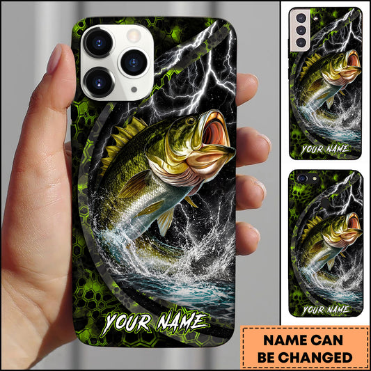 Maxcorners Bass Fishing Phone Case Neon Lightning Hexagon Water Splash Design Personalized Name Phone Case (12 Fish Species)