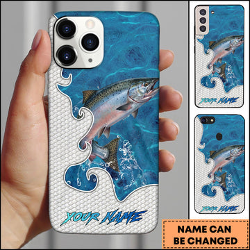 Maxcorners Chinook Fishing Ocean Blue Wave Scale Pattern Splash Personalized Name Phone Case