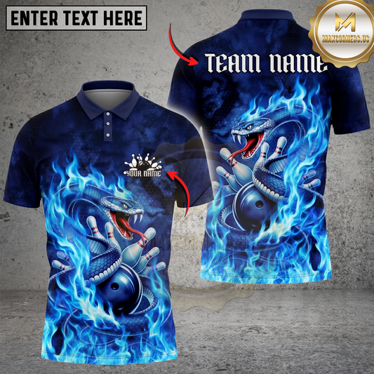 Maxcorners Bowling Shirt Blue Fire Snake Strike Fantasy Animal Design Multicolor Options Personalized Name, Team Name 3D Shirt (4 Colors)