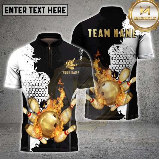 Maxcorners Bowling Ball Fire Strike Gold Splash Multicolor Options Personalized Name, Team Name 3D Shirt (4 Colors)