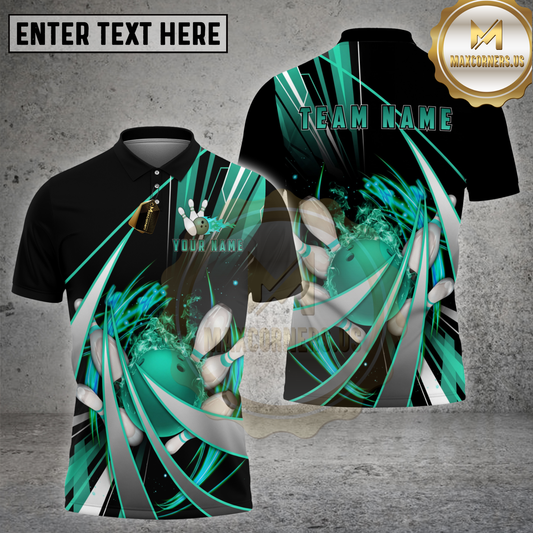 Maxcorners Bowling Shirt Neon Cyan Swirl Strike Multi Options Personalized Name, Team Name 3D Shirt