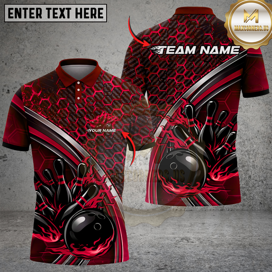 Maxcorners Bowling Shirt Blue Carbon Fiber Hexagon Flame Ball Design Multicolor Options Personalized Name, Team Name 3D Shirt (4 Colors)