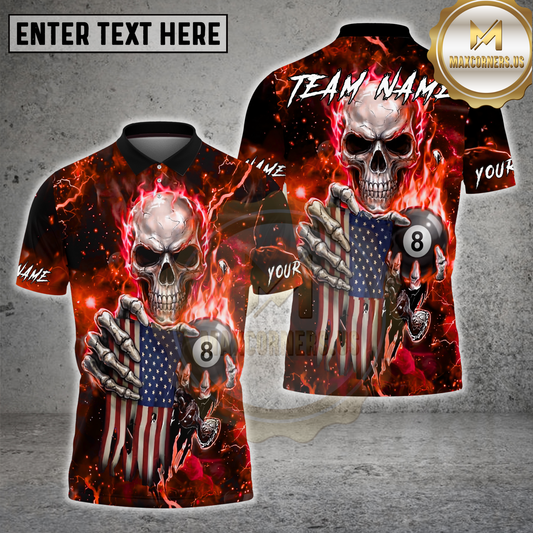 Maxcorners Billiard Shirt Skull American Flag 8 Ball Dark Lightning Multicolor Options Personalized Name, Team Name 3D Shirt (4 Colors)