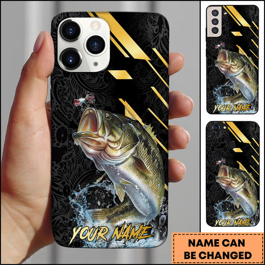 Maxcorners Bass Fishing Luxury Black Gold Lightning Splash Personalized Name Phone Case