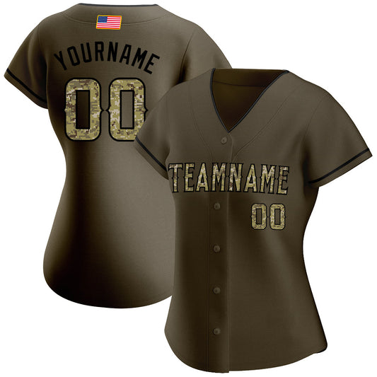 Maxcorners Custom Olive Camo-City Cream Premium American Flag Fashion Salute To Service Baseball Jersey LM0210