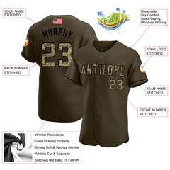 Maxcorners Custom Olive Camo-City Cream Premium American Flag Fashion Salute To Service Baseball Jersey LM0210