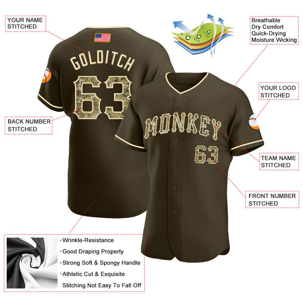 Maxcorners Custom Olive Camo-City Cream Premium American Flag Fashion Salute To Service Baseball Jerseys LM0210