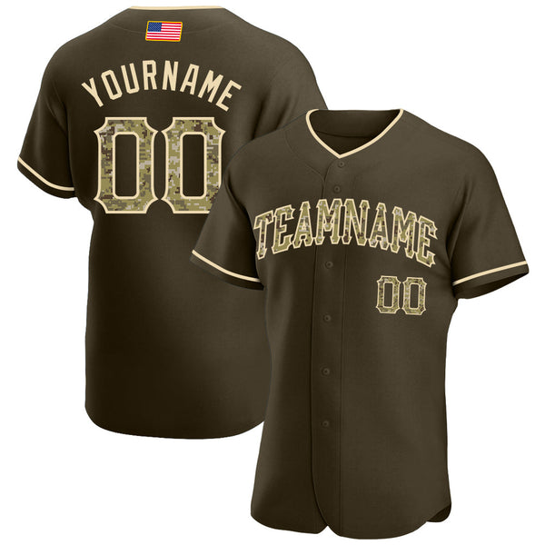 Maxcorners Custom Olive Camo-City Cream Premium American Flag Fashion Salute To Service Baseball Jerseys LM0210