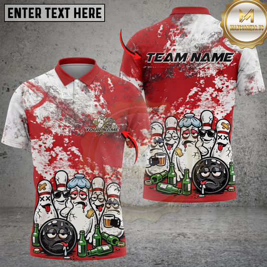 Maxcorners Bowling Shirt Funny Drunk Pins Cartoon Party Graphic Multicolor Options Personalized Name, Team Name 3D Shirt (4 Colors)
