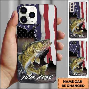 Maxcorners Walleye Fishing American Flag Patriotic Splash Personalized Name Phone Case