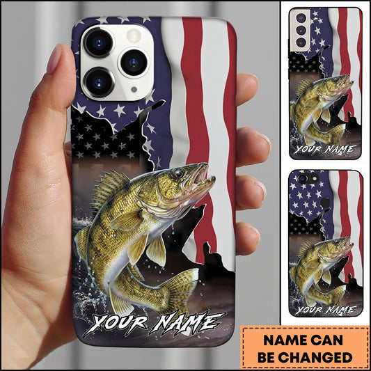 Maxcorners Walleye Fishing American Flag Patriotic Splash Personalized Name Phone Case