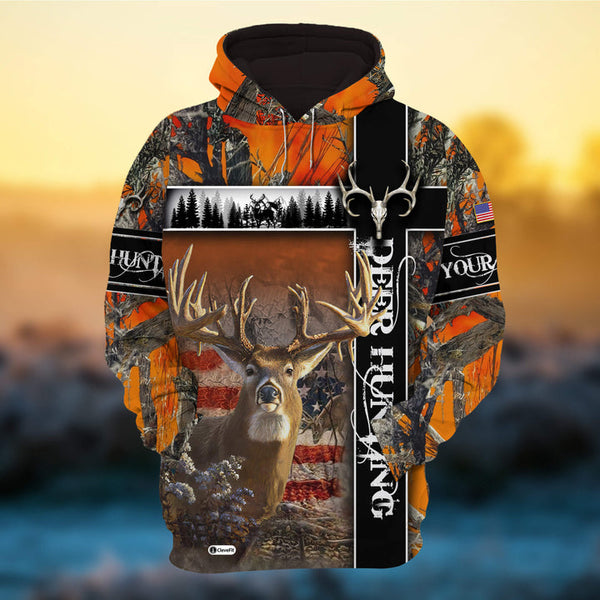 Maxcorners Custom Name US Flag Deer Hunting 3D All Over Printed Clothes