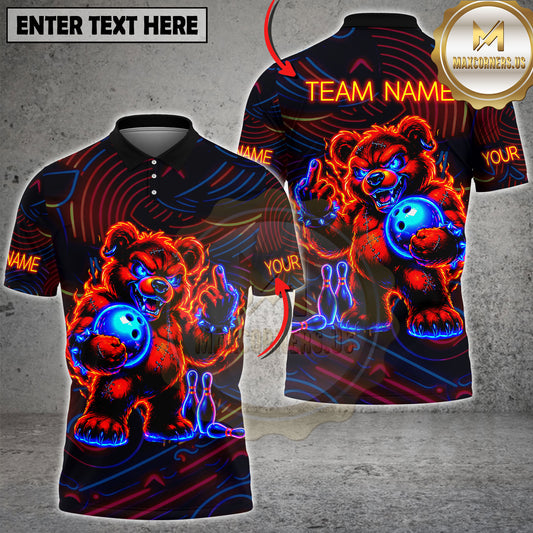 Maxcorners Bowling Bear Shirt Neon Fire Rage Bear Graphic Multicolor Options Personalized Name, Team Name 3D Shirt (2 Colors)