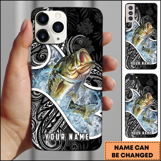 Maxcorners Bass Fishing Tribal Pattern Black White Water Splash Personalized Name Phone Case